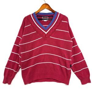 Vintage 90s Dover S Slouchy V-Neck Striped Pink Sweater Oversized Preppy Knitted